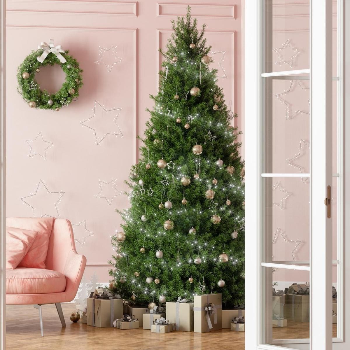 Entrance Of Living Room With Christmas Tree, Ornaments, Gift Boxes And Pink Sofa