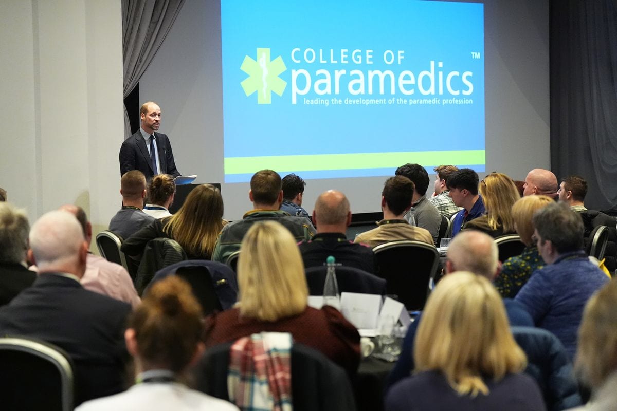 BIRMINGHAM, ENGLAND - JANUARY 15: Prince of Wales, patron of the College of Paramedics, speaks during the inaugural Emergency and Critical Care Conference at the Birmingham Conference and Events Centreon January 15, 2025 in Birmingham, England. The conference is dedicated to supporting emergency responders in making effective decisions under pressure. (Photo by Aaron Chown -WPA Pool/Getty Images)