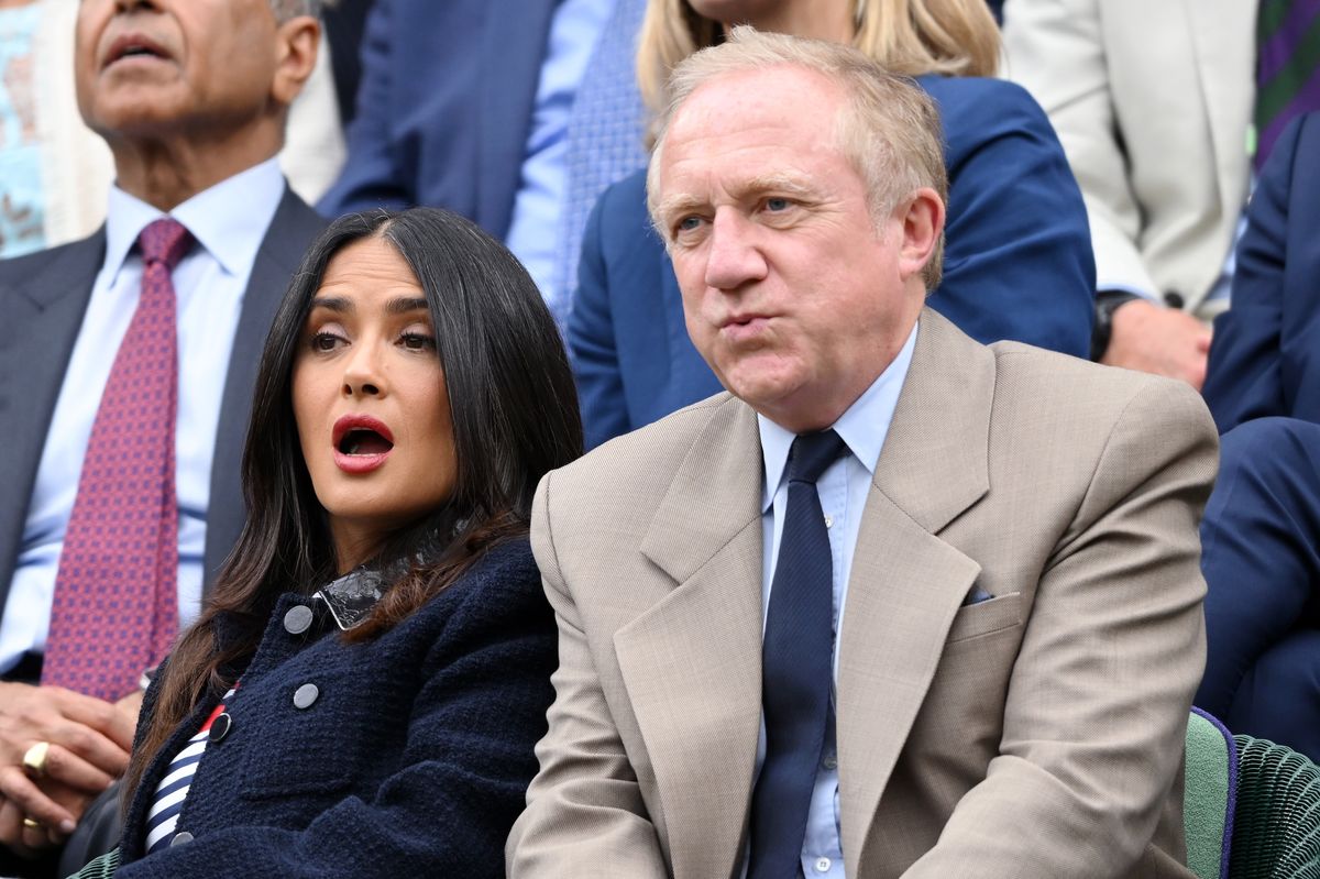 Salma Hayek and Francois-Henri Pinault attend day seven of the Wimbledon Tennis Championships at the All England Lawn Tennis and Croquet Club on July 07, 2024, in London, England. 