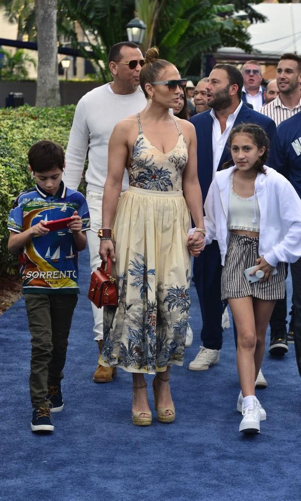 Jennifer Lopez in a top, matching skirt and espadrilles