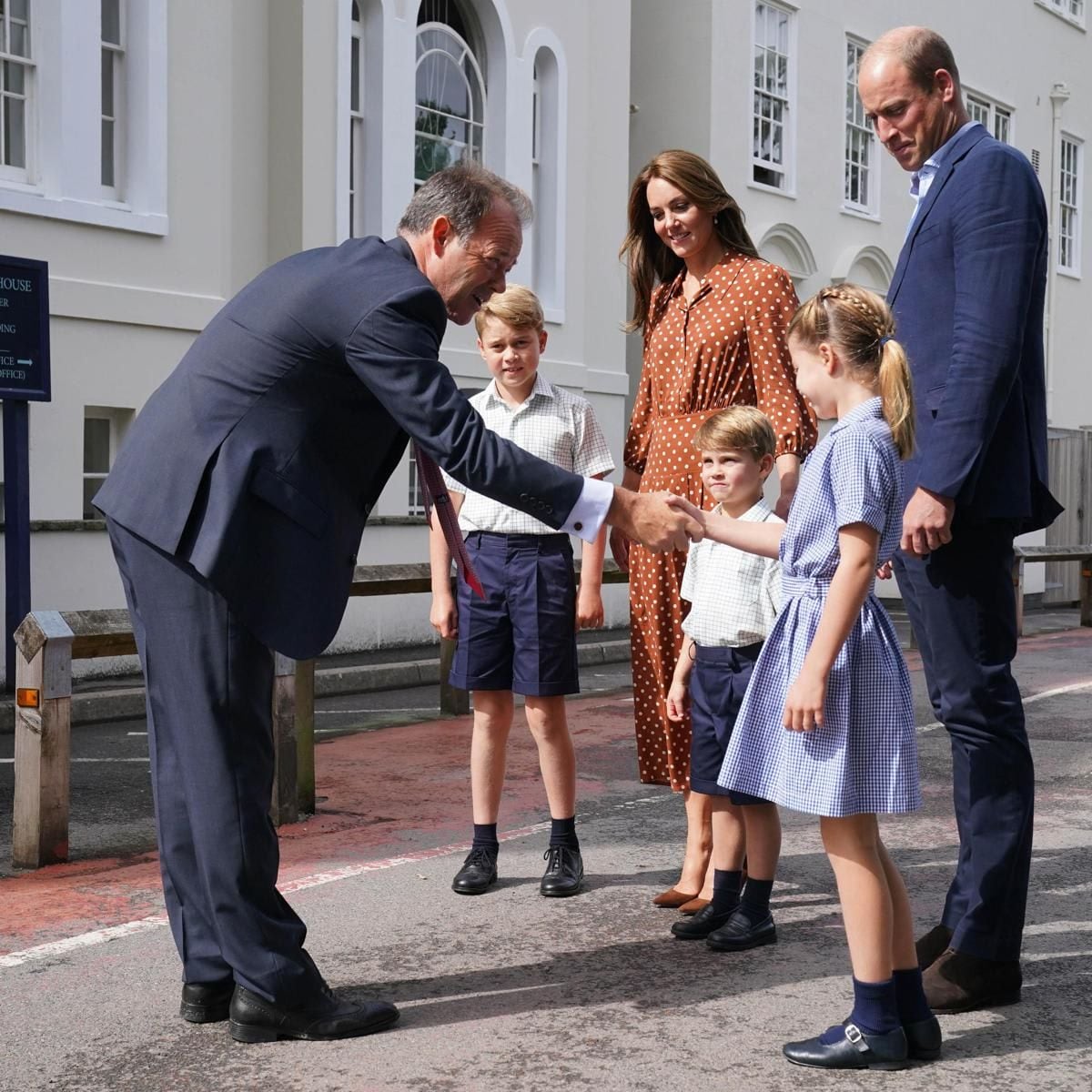 The royals were greeted at the school by Headmaster Jonathan Perry.