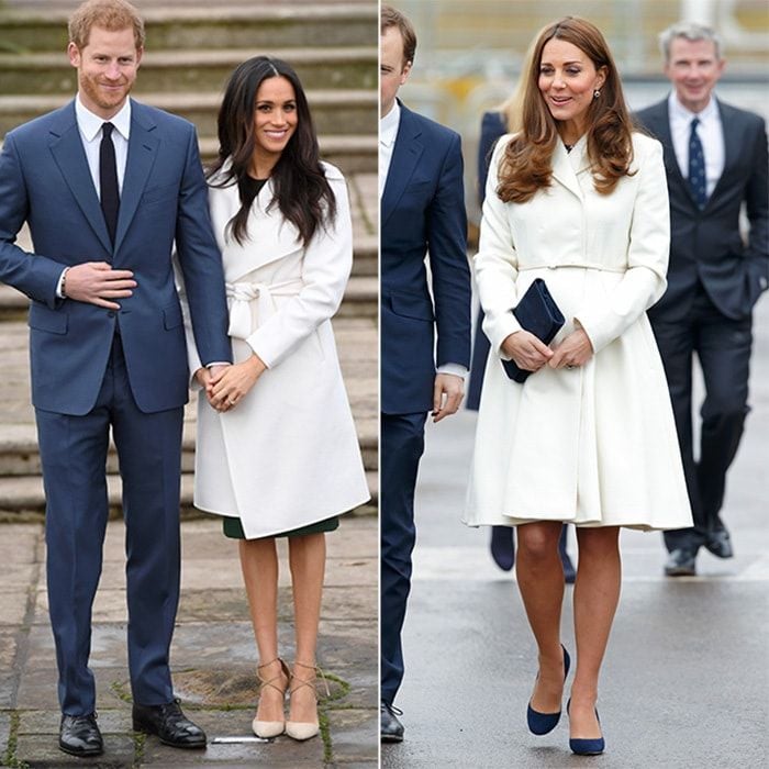 <B>Little white coats</B>
In November 2017, Meghan made her most-watched appearance yet as she and new fiance Prince Harry made their engagement announcement from the grounds of Kensington Palace. The actress and soon-to-be royal wore a white belted coat by LINE for the special moment. Duchess Kate is also fond of the crisp outerwear look in February 2015, she opted for a belted winter white coat by Max Mara Studio for a visit to Portsmouth, England.
Photos: Getty Images