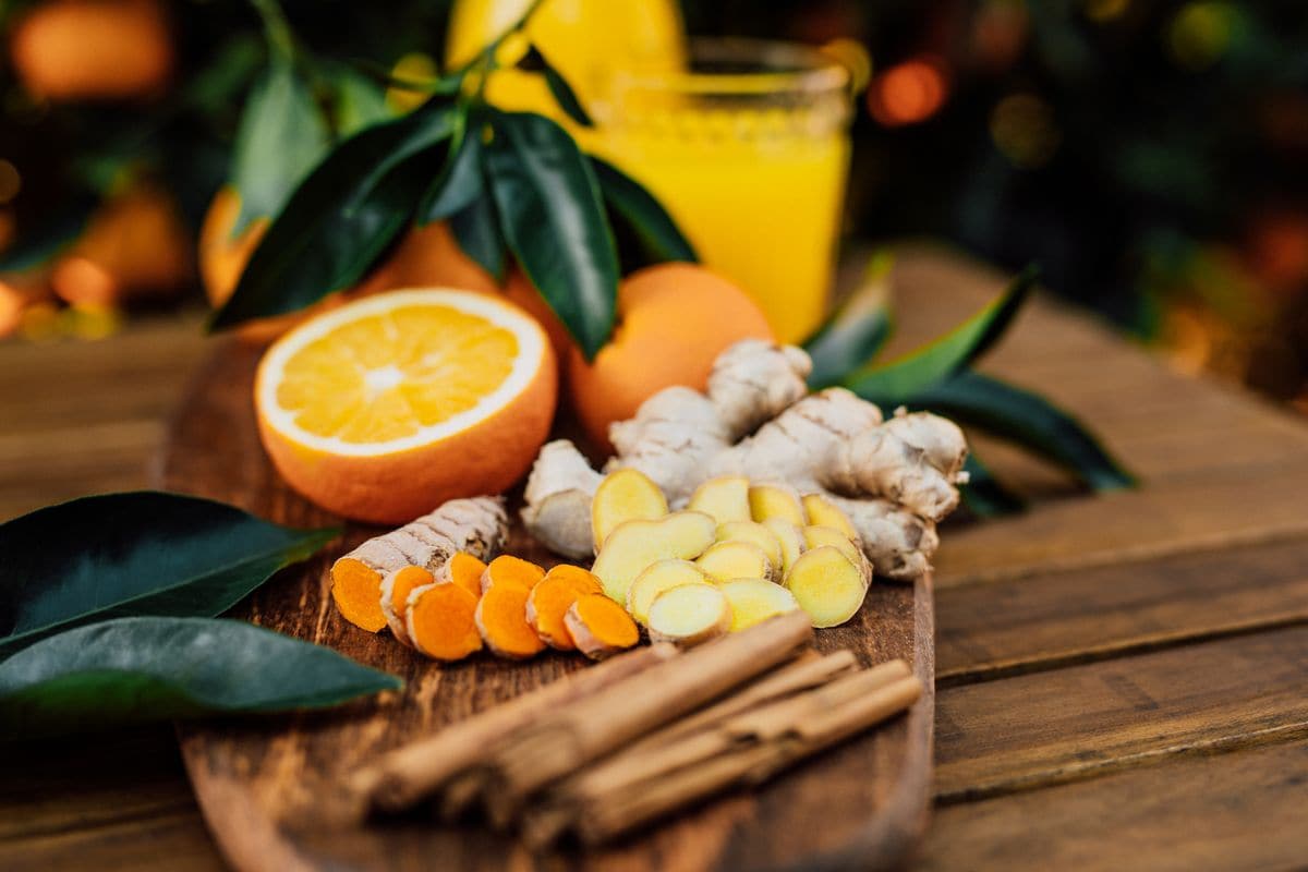 Sliced turmeric and ginger root with cinnamon and freshly squeezed orange juice of untreated Bio oranges from the own garden. This composition is super healthy and incredibly tasty. Part of an E+ and S+ series