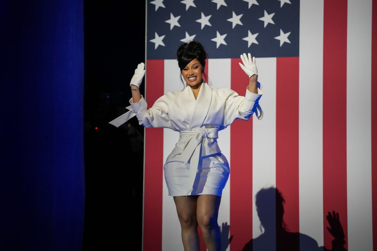 Cardi B arrives during a campaign rally for Democratic presidential nominee, U.S. Vice President Kamala Harris at the Wisconsin State Fair Park Exposition Center on November 1, 2024 in West Allis, Wisconsin. With four days until election day, Vice President Kamala Harris is campaigning in Wisconsin. (Photo by Andrew Harnik/Getty Images)