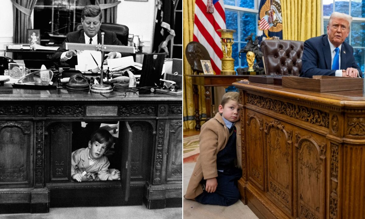 John Kennedy Jr. explores the Resolute Desk as President John F. Kennedy works in the Oval Office, May 25, 1962 and Elon Musk's son X Æ A-Xii leans on the Resolute desk as President Donald Trump looks on in the Oval Office, Feb. 11, 2025.