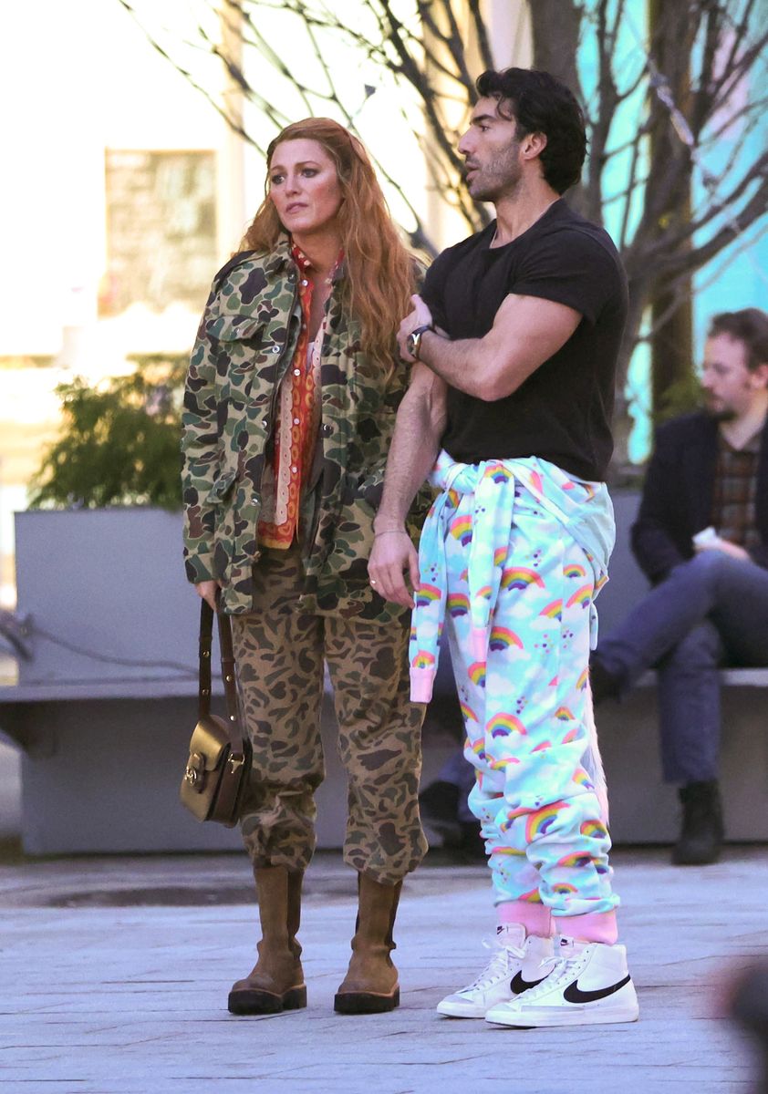 Blake Lively and Justin Baldoni are seen on the set of "It Ends with Us" on January 12, 2024 in Jersey City, New Jersey. 