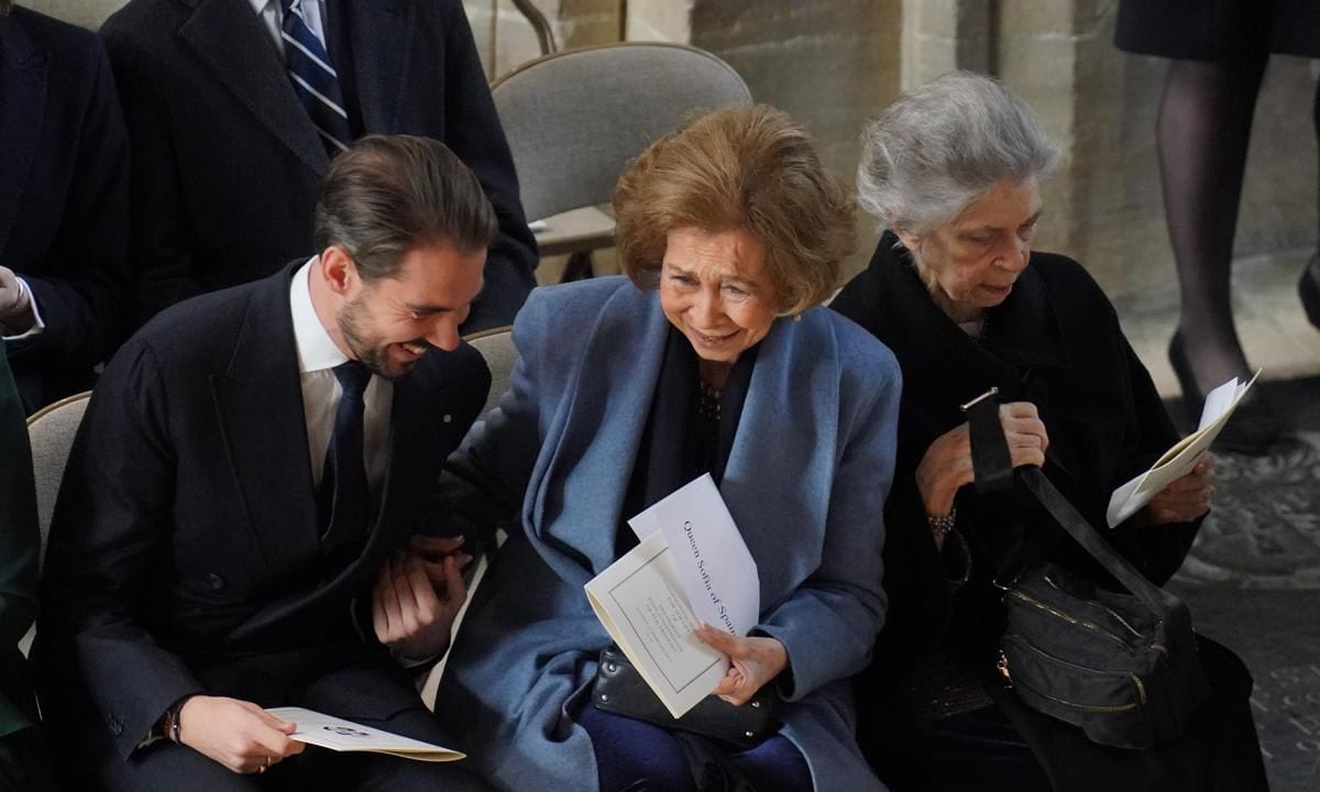 Spain's Queen Sofia shared a laugh with her nephew Prince Philippos. Princess Irene of Greece and Denmark was seated beside her sister at their brother's memorial service.