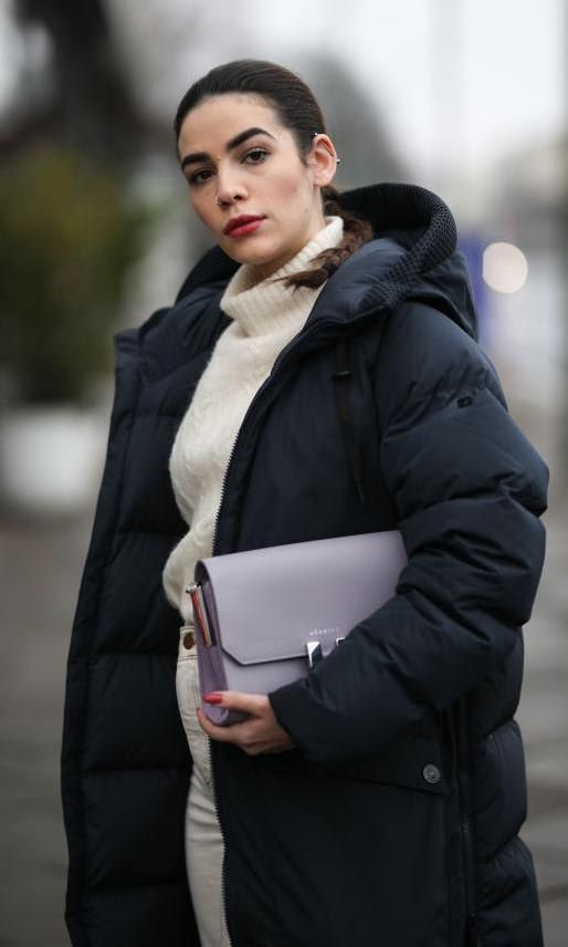 Lilac bag to go with a puffer coat and a turtleneck sweater