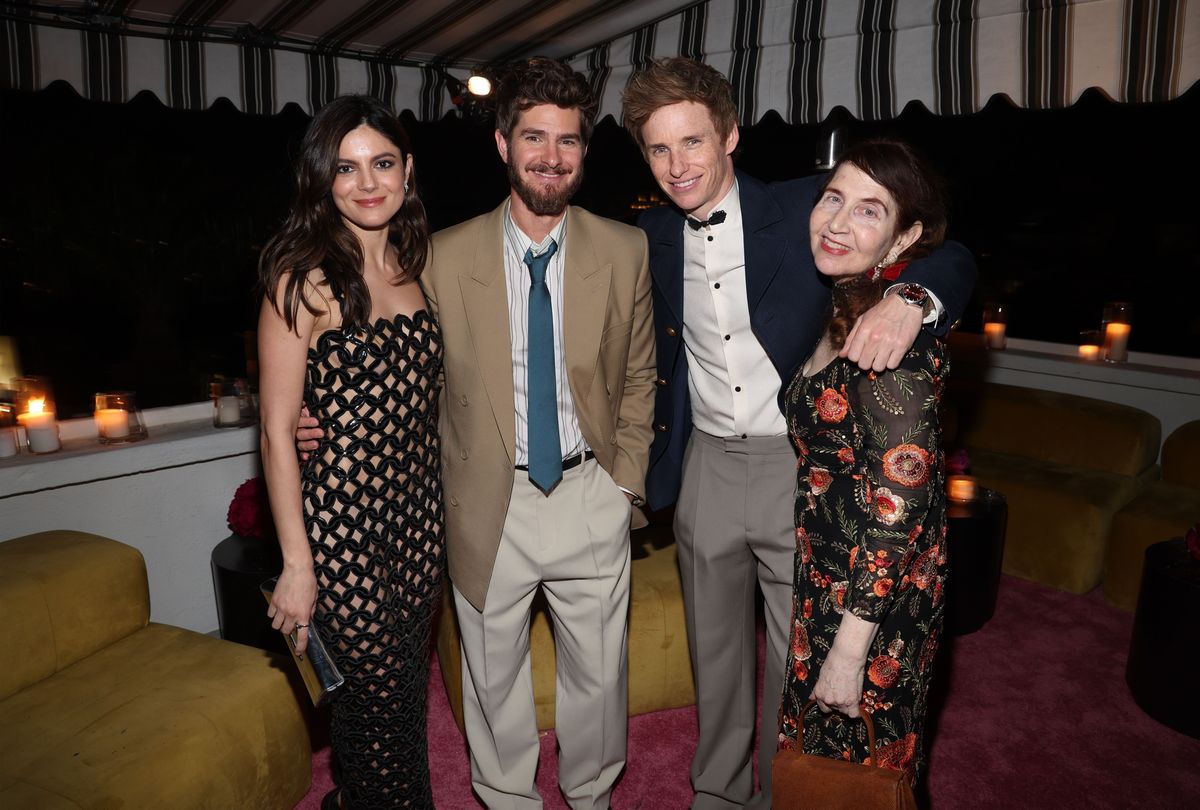 LOS ANGELES, CALIFORNIA - JANUARY 04: (L-R) Monica Barbaro, Andrew Garfield, Eddie Redmayne and Lynn Hirschberg, W Magazine Editor at Large, attend W Magazine's Annual Best Performances Party at Chateau Marmont on January 04, 2025 in Los Angeles, California. (Photo by Jerritt Clark/Getty Images for W Magazine) 