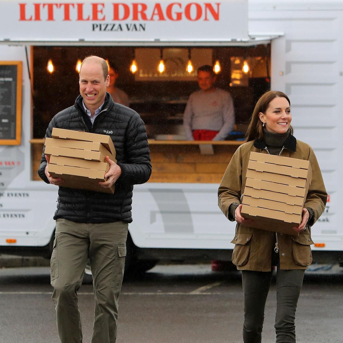 The parents of three had their hands full carrying pizza boxes from the Little Dragon Pizza Van. Peter Morris, who is the owner of the Little Dragon Pizza Van, told PEOPLE, "The Princess asked if we make our own dough and said that they love making pizzas with their children."