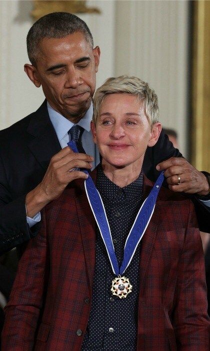 November 22: <a href="https://us.hellomagazine.com/tags/1/ellen-degeneres/"><strong>Ellen DeGeneres</strong></a>got emotional as she received her Presidential Medal of Freedom from <a href="https://us.hellomagazine.com/tags/1/president-obama/"><strong>President Obama</strong></a> at the White House.
POTUS got choked up as he spoke about the comedian's courage to come out years before the marriage equality bill was passed. "It's easy to forget now when we've come so far, where now marriage is equal under the law, just how much courage was required for Ellen to come out on the most public of stages almost 20 years ago," President Obama said. "Just how important it was. Not just to the LGBT community, but for all of us."
He continued: "Ellen counters what too often divides us, with the countless things that bind us together, inspires us to be better, one joke, one dance at a time."
Ellen was one of 21 recipients of the award which also included Robert Redford, Cicely Tyson, Diana Ross, Bill and Melinda Gates, Robert De Niro and Michael Jordan.
Photo: Alex Wong/Getty Images