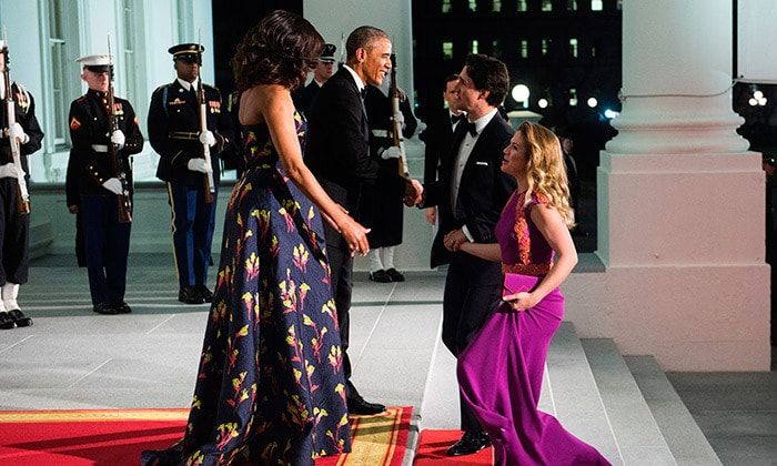 Sophie continued to champion Canadian designers by choosing a floor-length purple Lucian Matis gown with pink floral details. Michelle also tipped her hat to the Great White North in a custom creation by Taiwanese-Canadian Jason Wu.
<br>Photo: Getty Images