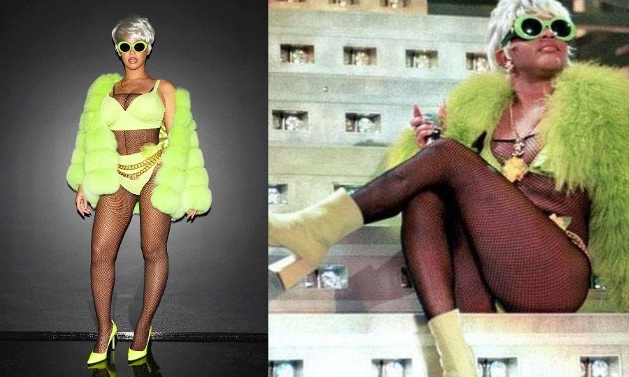 The 36-year-old superstar opted for top designers when recreating the fashion statements. Seen here, she popped on a bright green Tzarina fur coat. "Hip Hop would not be the same without our original Queen B," it said on Beyonce's official website.
While fans certainly loved the costumes, there was one person in particular who went wild over the Halloween ensembles: Lil' Kim! She expressed her amazement for this look on Instagram, writing:
"Come all the way thru Bey!! #beyonce #lilkim #tookusabreak #queenbee #beehive #lilkimseason"
Photo: Instagram/@beyonce