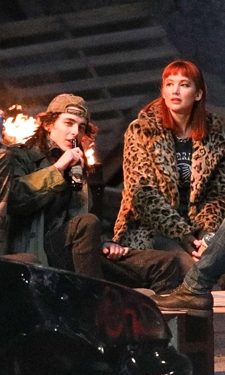 Jennifer Lawrence and Timothee Chalamet on set