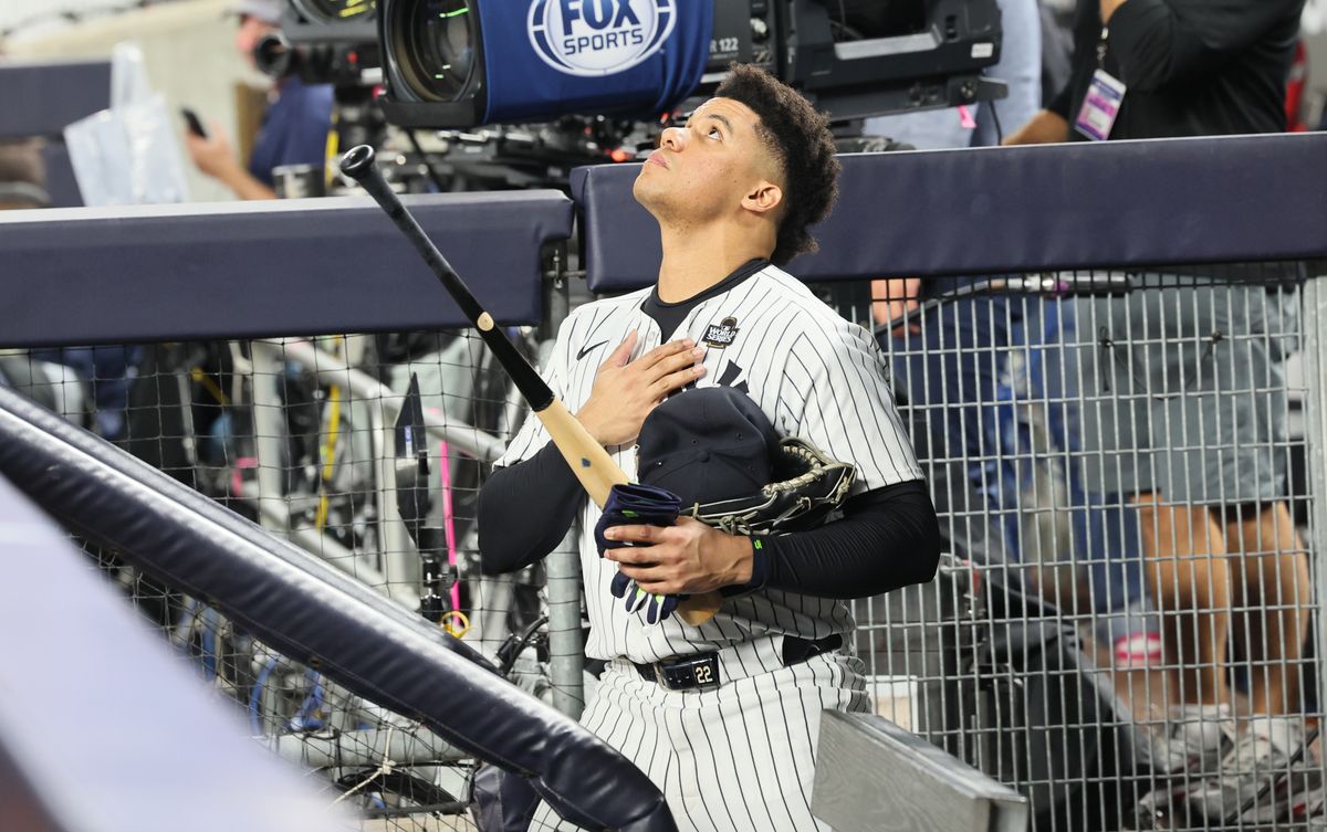 Bronx, N.Y.: New York Yankees outfielder Juan Soto in the dugout as the Los Angeles Dodgers celebrate winning the World Series after game 5 on Oct. 30, 2024 at Yankee Stadium in the Bronx, New York. (Photo by J. Conrad Williams Jr./Newsday RM via Getty Images)