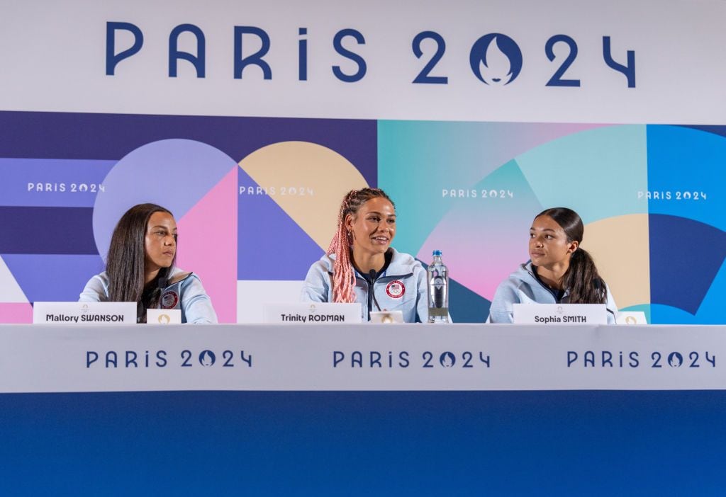 Mallory Swanson, Trinity Rodman and Sophia Smith of the United States talk to the media during a USWNT press conference. 