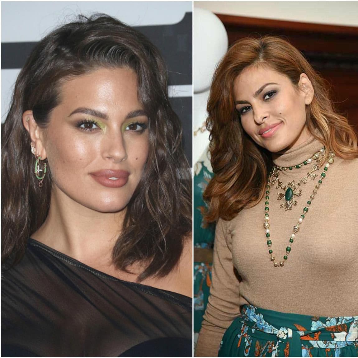 Side-by-side photos of Ashley Graham and her doppelganger Eva Mendes