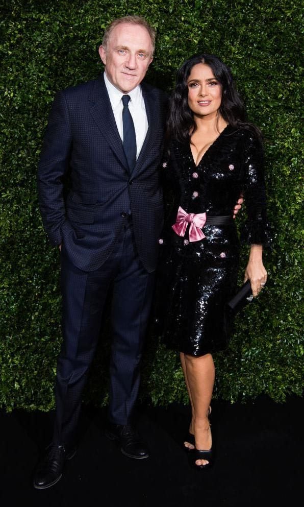 Salma Hayek in a two-piece sequined outfit and Francois-Henri Pinault in a black suit