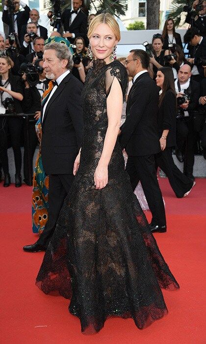 Cate Blanchett's stunning black Armani lace gown on the <i>Everybody Knows</i> red carpet may look familiar. The actress first wore it to the 2016 Golden Globes and brought it to Cannes in support of Livia Firth's Green Carpet Challenge (or GCC). "From couture to T-shirts, landfills are full of garments that have been unnecessarily discarded," she said. "Particularly in today's climate, it seems willful and ridiculous that such garments are not cherished and re-worn for a lifetime."
Photo: Getty Images