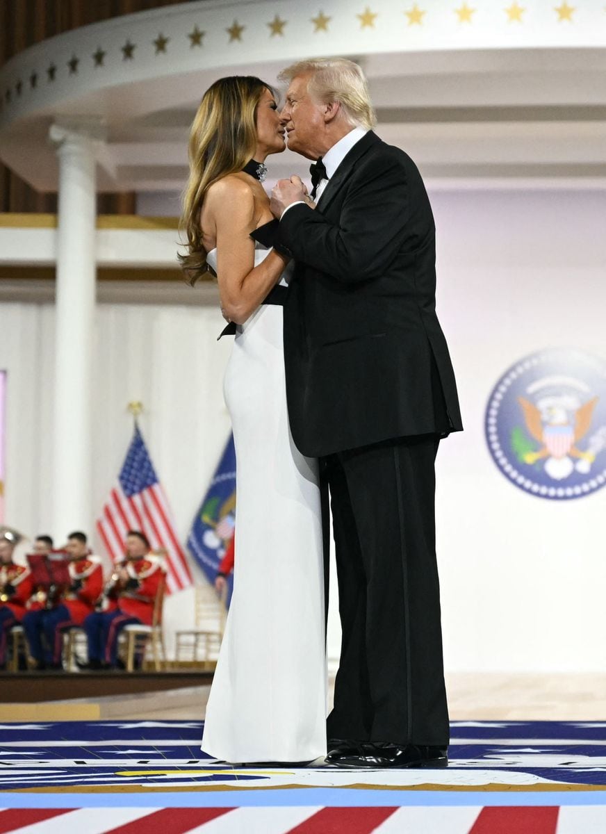 US President Donald Trump and First Lady Melania Trump dance on The Battle Hymn of the Republic during the Commander-In-Chief inaugural ball at the Walter E. Washington Convention Center in Washington, DC, on January 20, 2025. (Photo by Jim WATSON / AFP) (Photo by JIM WATSON/AFP via Getty Images)