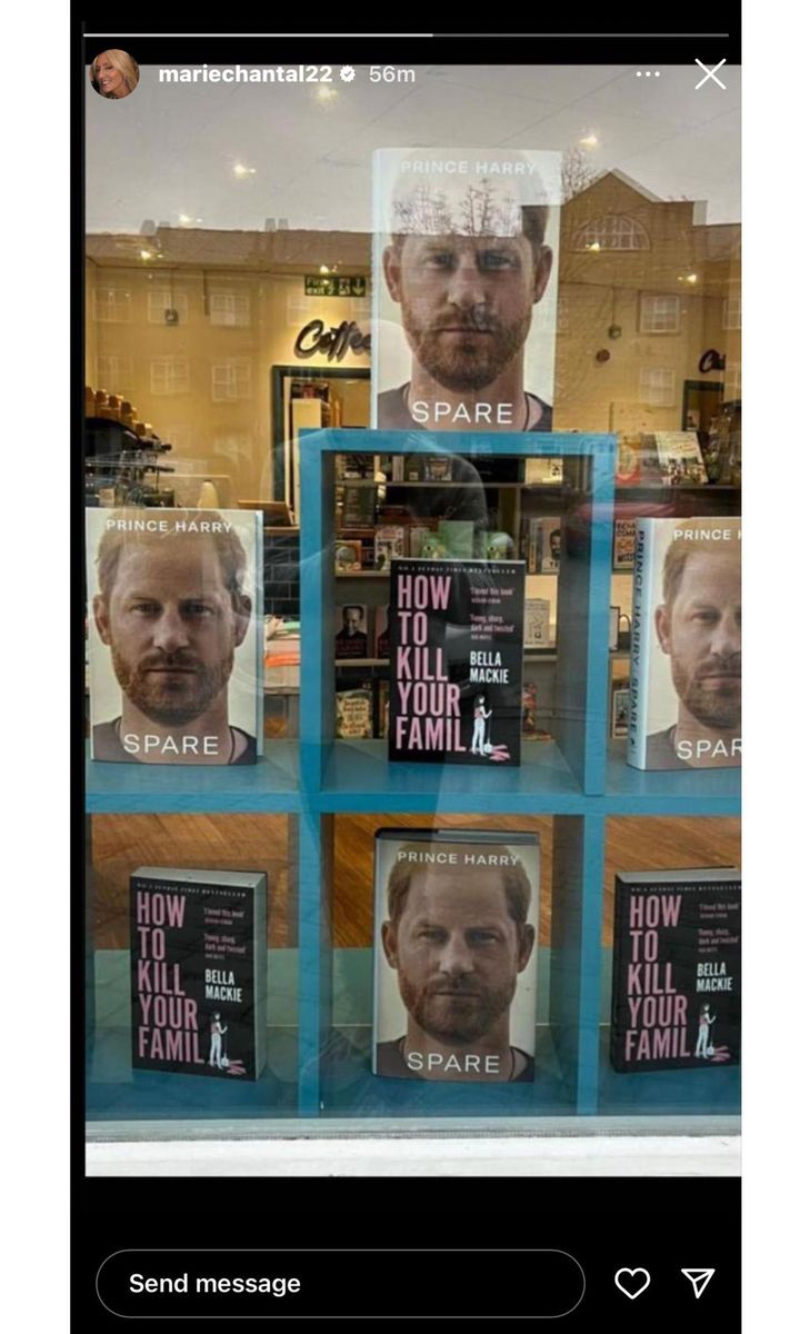 Crown Princess Marie Chantal shared a photo of Prince Harry's memoir displayed next to a book titled “How to Kill Your Family”