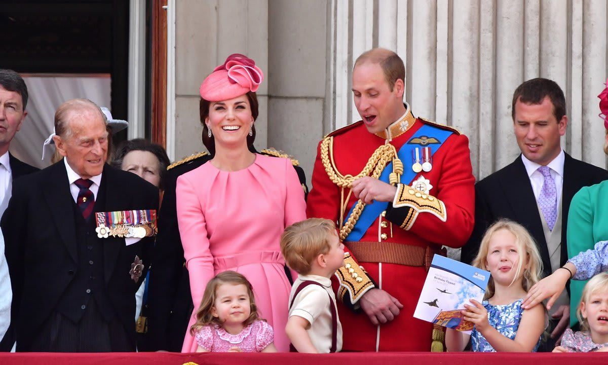 The Queen's husband look on at his great-grandchildren, Princess Charlotte, Prince George, Savannah Phillips and Isla Phillips during Trooping the Colour in 2017