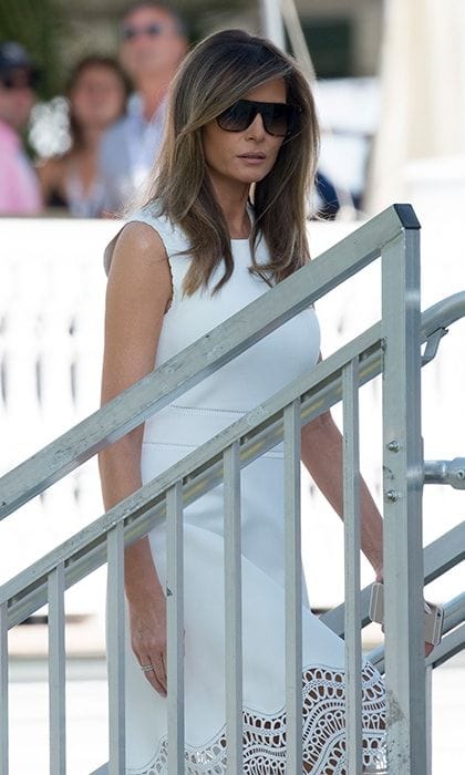 On July 16, 2017, the first lady wore a little white dress with lace hem to the 72nd US Women's Open Golf Championship at Trump National Golf Course in Bedminster, New Jersey.
Photo: SAUL LOEB/AFP/Getty Images