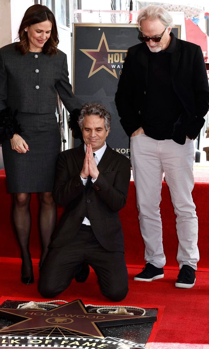 Jennifer Garner, Mark Ruffalo and David Fincher attend as actor Mark Ruffalo is honored with a star on The Hollywood Walk of Fame on February 08, 2024 in Hollywood, California.