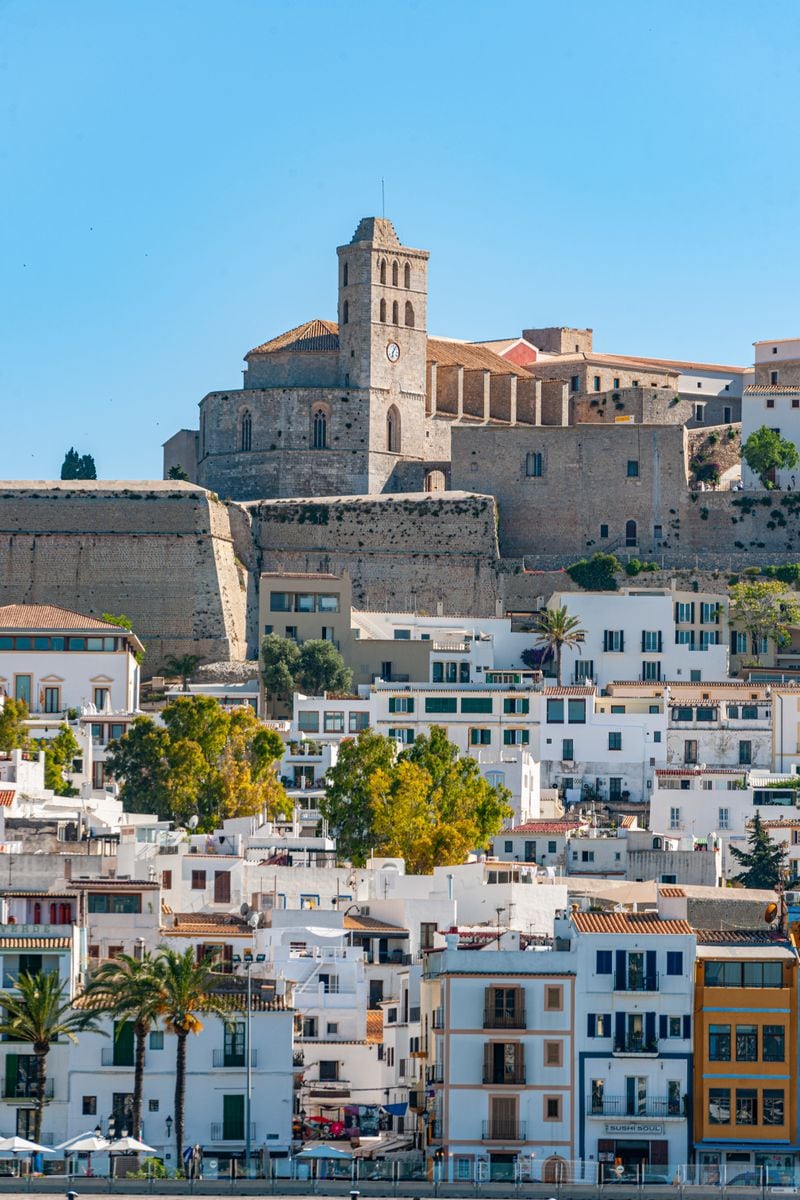 Spain, Ibiza, Eivissa . Balearic Islands - view of Marina district, Dalt Vila (the old town) and the Catedral de la Virgen de las Nieves (Cathedral of the Virgin of the Snows) from the ferry boat to Formentera