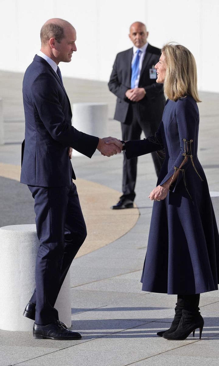 Caroline greeted Prince William outside of the John F. Kennedy Presidential Library and Museum.