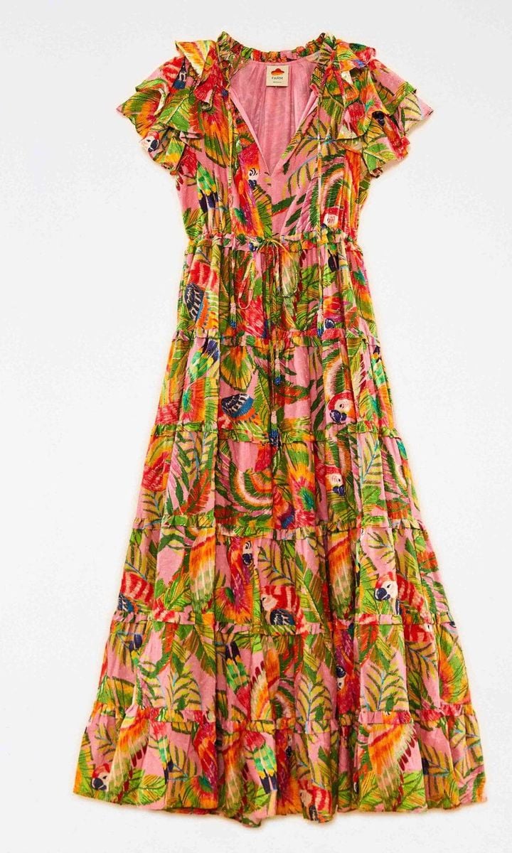 FARM Rio, Macaw Leaves Flutter Sleeve Maxi Dress