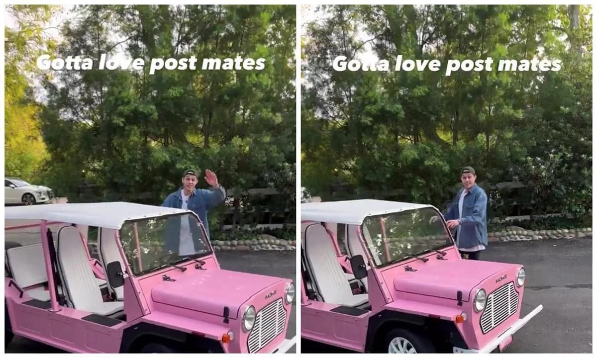 Pete in pink! Kim Kardashian’s boyfriend drives her custom Moke electric car