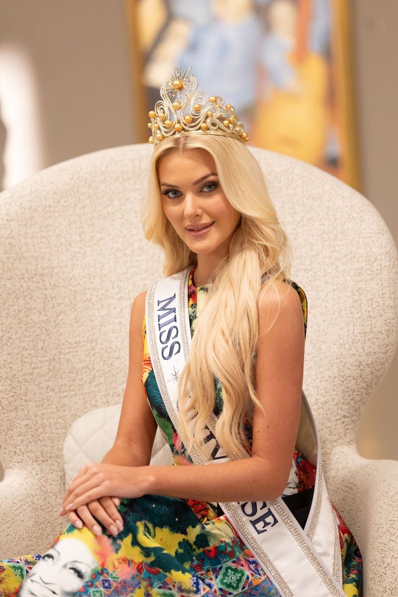 MIAMI, FLORIDA - NOVEMBER 21: Miss Universe 2024 Victoria Kjaer Theilvig poses at Gary Nader Art Centre on November 21, 2024 in Miami, Florida. (Photo by Rodrigo Varela/Getty Images)