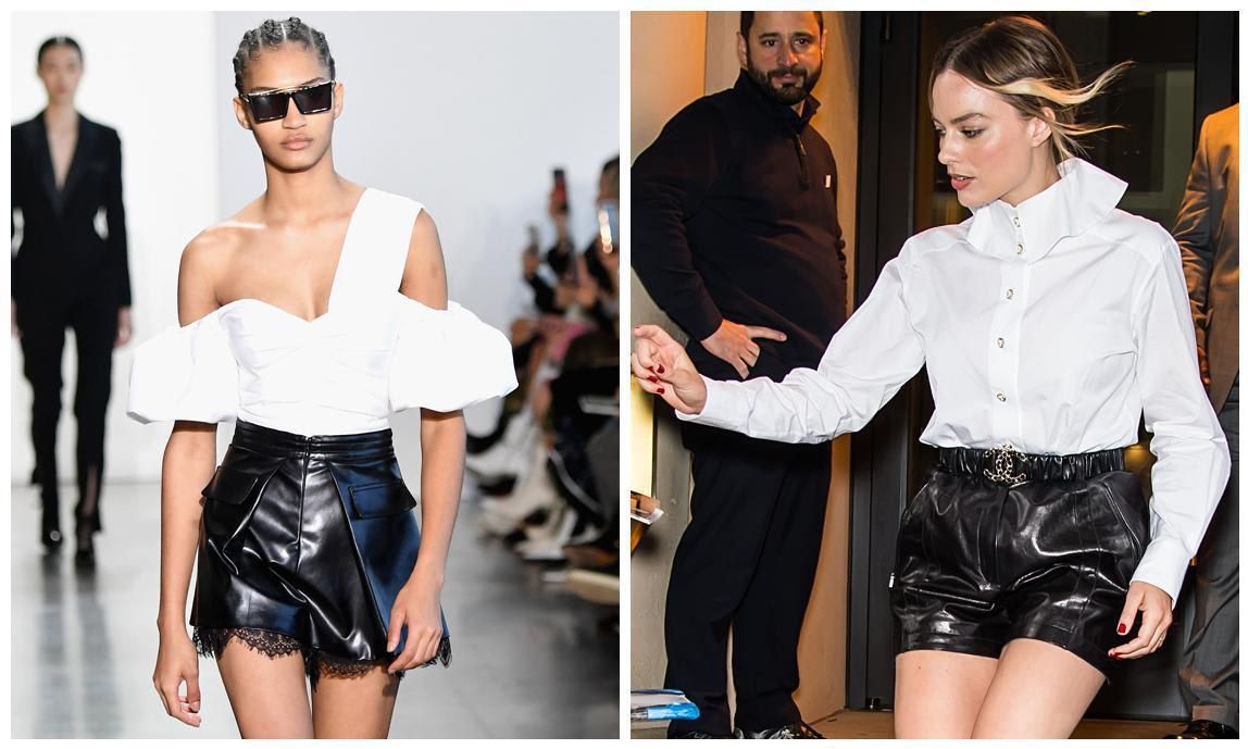 Margot Robbie wears a white shirt with black leather shorts, while Self Portrait changes the formula by wearing an asymmetric neckline top.