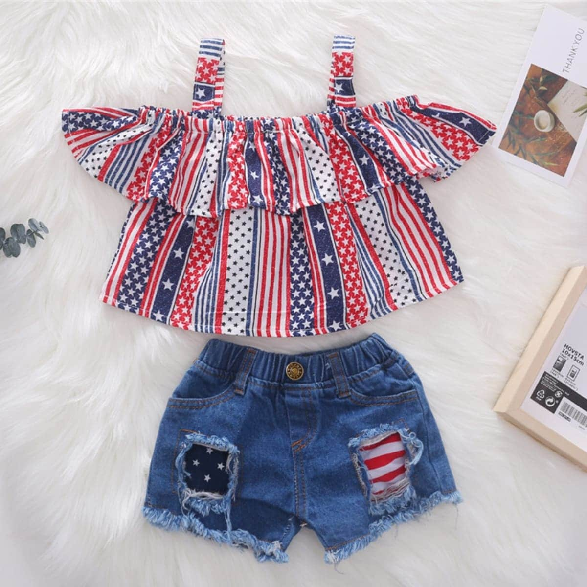 4th of July US Flag Print Off Shoulder Baby Set