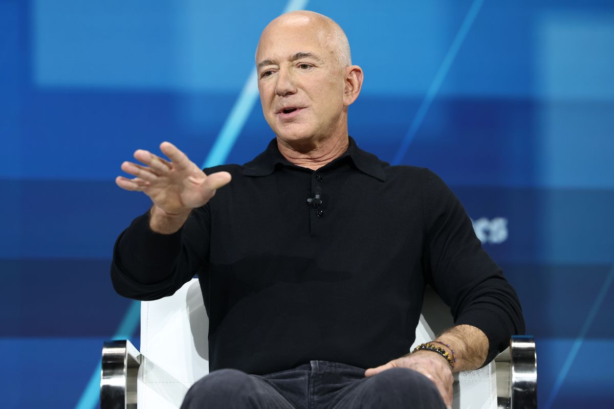 Jeff Bezos, founder and executive chairman of Amazon and owner of the Washington Post, speaks during the New York Times annual DealBook summit at Jazz at Lincoln Center on December 04, 2024 in New York City.