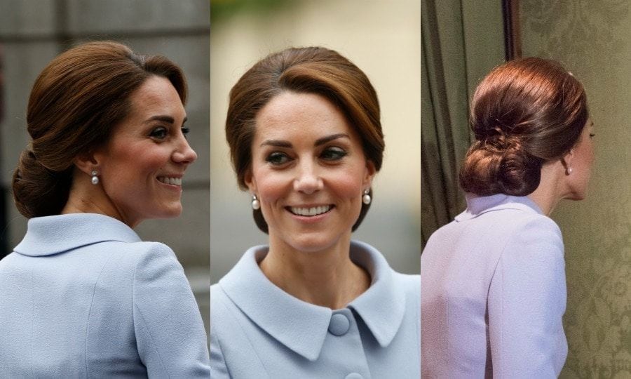 The Duchess of Cambridge is certainly a style icon for her ultra-stylish wardrobe but let's talk about those tresses! Click through for a gallery of Kate's all-time best hairstyles from abroad.
Kate kept it elegant for her first solo visit to the Netherlands, sweeping her hair up into a low chignon for her trip. The sophisticated hairdo showed off the royal's pearl drop earrings and paired well with her chic Catherine Walker skirt suit.
Photos: PA