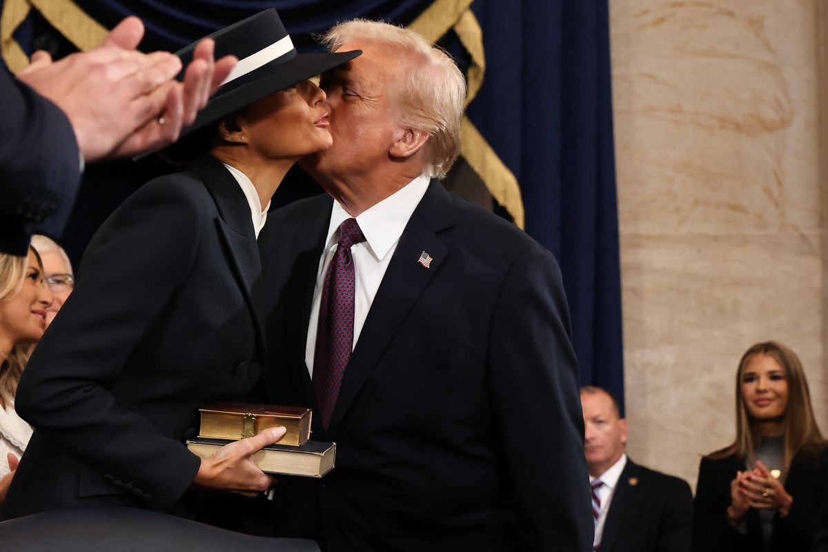 WASHINGTON, DC - JANUARY 20: U.S. President-elect Donald Trump greets Melania Trump as he arrives for inauguration ceremonies in the Rotunda of the U.S. Capitol on January 20, 2025 in Washington, DC. Donald Trump takes office for his second term as the 47th president of the United States. (Photo by Chip Somodevilla/Getty Images)