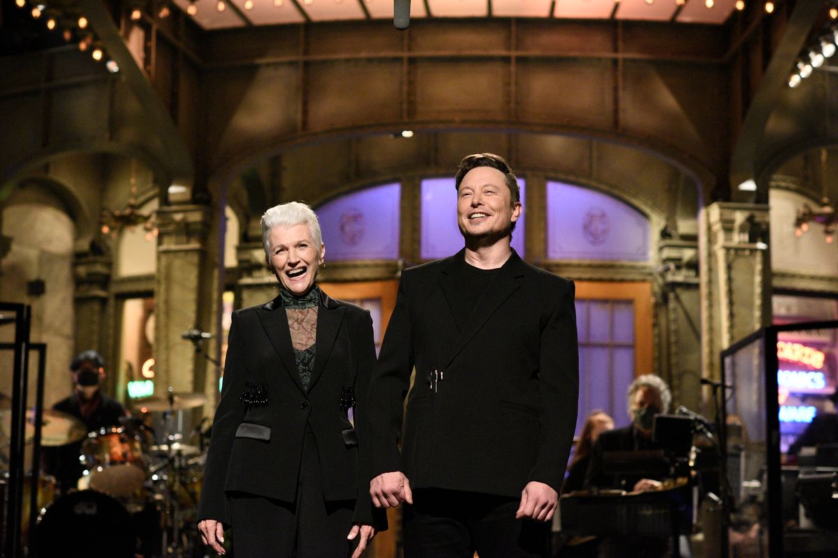 Elon Musk and his mom Maye during his opening monologue in SNL