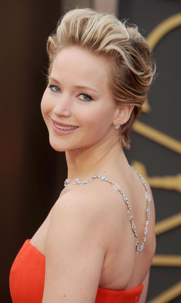 Jennifer Lawrence in a diamond necklace at the 2014 Oscars