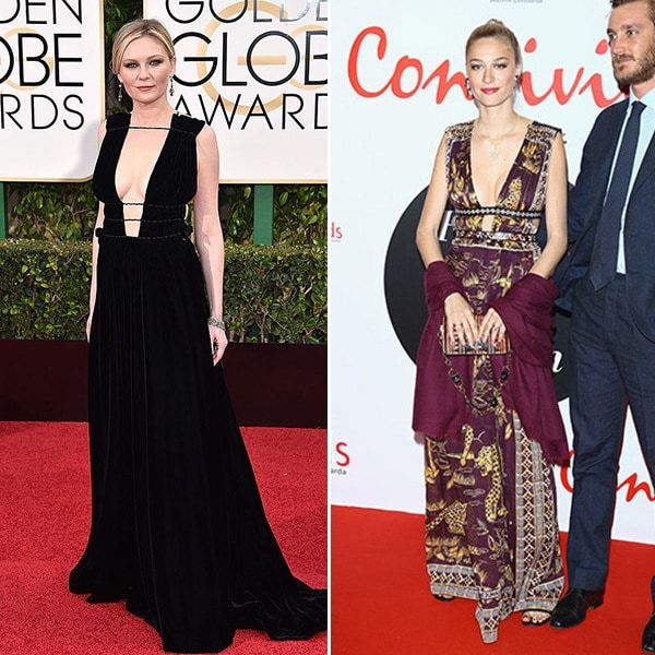 <b>Kirsten Dunst and Beatrice Borromeo</B>
<br>
Both Kirsten, left, and Monaco royal Beatrice Borromeo, right are big fans of Valentino's spring 2016 Roman goddess look, featuring a deep V neckline and belted bodice. Beatrice opted for a silk printed look from the ready-to-wear collection for a fundraiser in Italy, while actress Kirsten wore a velvet haute couture version.
<br>
<br>
Photos: Getty Images