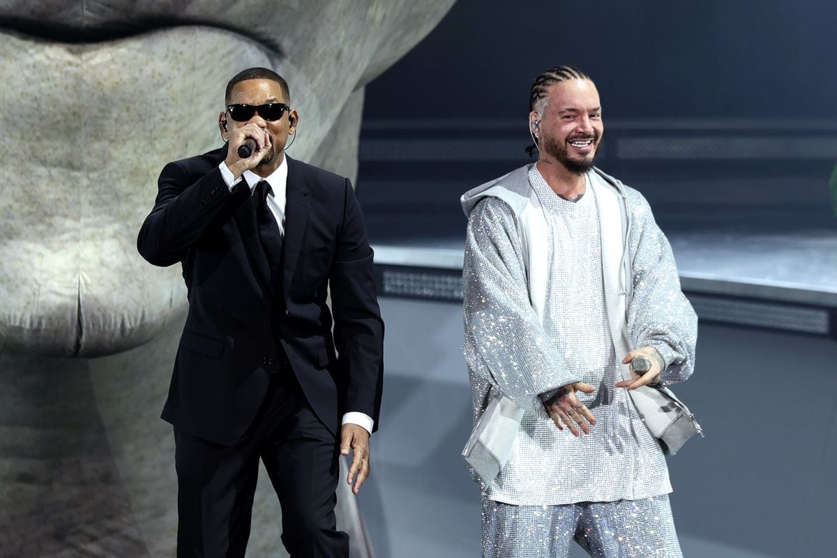 Will Smith and J Balvin perform at the Coachella Stage during the 2024 Coachella Valley Music and Arts Festival at Empire Polo Club on April 14, 2024 in Indio, California. 