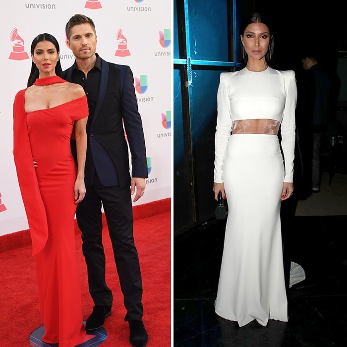 November 17: Jennifer Lopez wasn't the only star switching up her outfit at the Latin Grammys. <I>Devious Maids</I> star Roselyn Sanchez, who hosted the show, had some sartorial swaps, too, going in head-to-toe red on the red carpet with husband Eric Winter, and also picking this sexy white outfit that bared her abs.
Photo: Getty Images