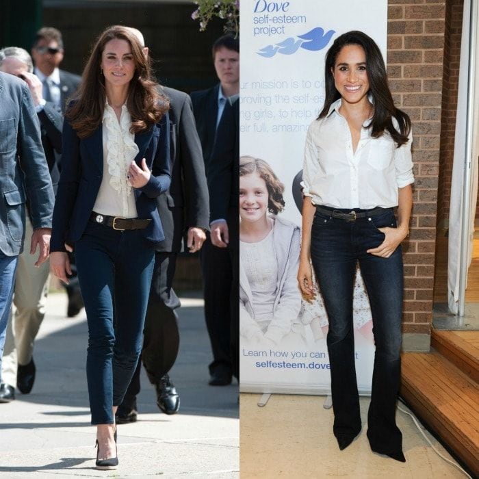 <b>In the jeans</b>
Kate and Meghan were twinning, styling their blue jeans with belts and white blouses tucked in. While their denim looks are nearly identical, the Duchess topped off her polished look in 2011 with a navy Smythe blazer for an outing in Canada.
Photos: WireImage