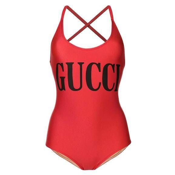 Shop Salma Hayek red Gucci swimsuit