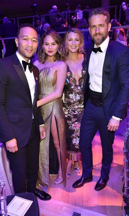 April 25: This is the double date of all double dates! Chrissy Teigen and John Legend hung with Blake Lively and Ryan Reynolds at the TIME 100 Gala where John and Ryan were honored.
During the event, Blake posted a shot of her husband blocking her view of the <i>La La Land</i> actor. "Congratulations to the most influential person in my life. The best man I know... you deserve this @time 100 honor ... If only my husband wasn't blocking you in this shot. I'm so sorry @johnlegend."
Photo: Kevin Mazur/Getty Images for TIME