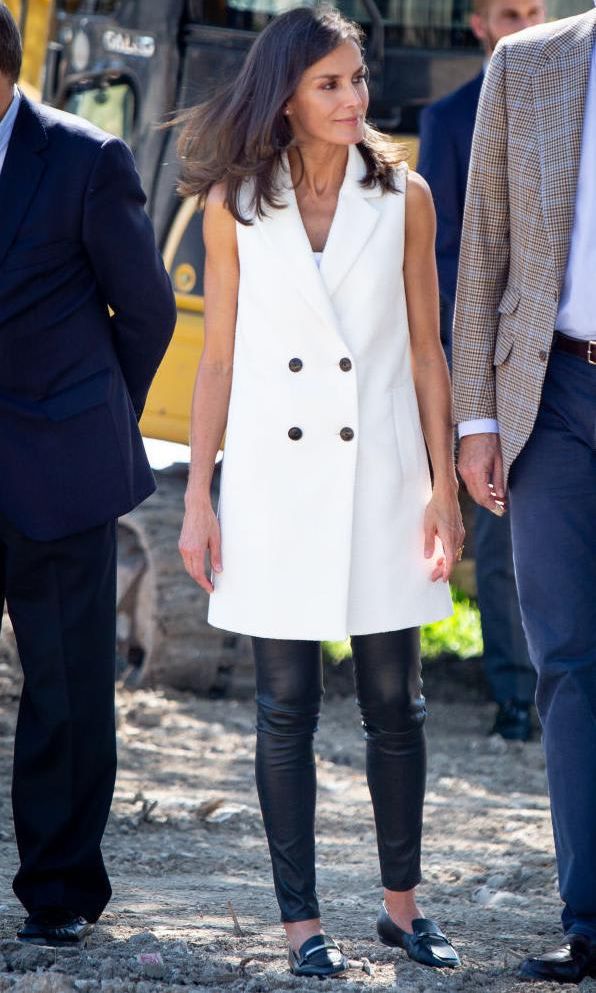 Spain's Queen Letizia with black loafers and a blazer dress
