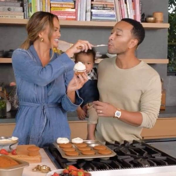 Chrissy Teigen with her son and husband John Legend