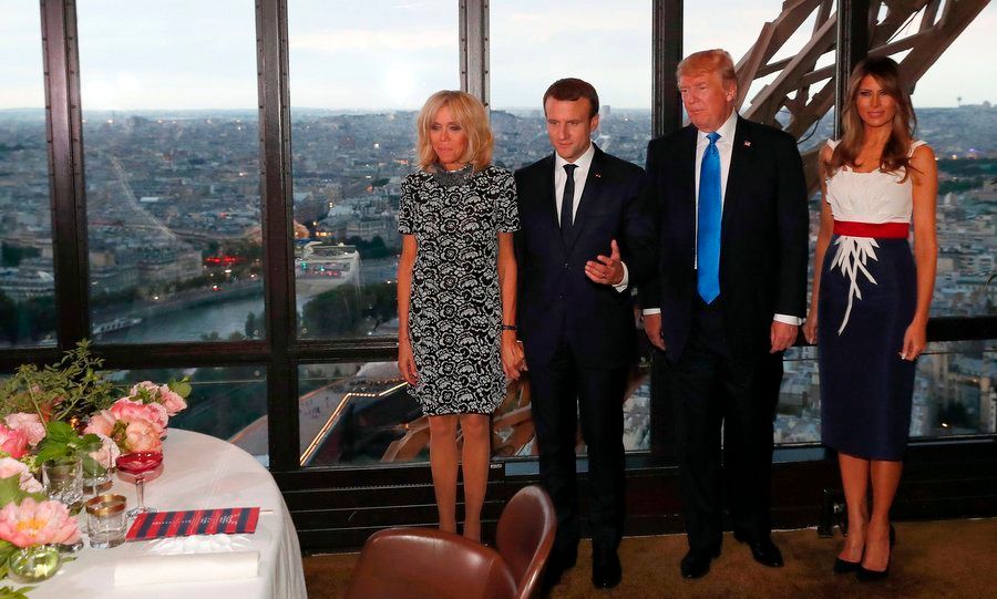 For a July 13 dinner at at Le Jules Verne Restaurant at the Eiffel Tower with husband Donald Trump, French President Emmanuel Macron and his wife Brigitte Macron, Melania donned a red white and blue dress by Herve Pierre, who designed her Inaugural Ball gown.
Photo: Getty Images