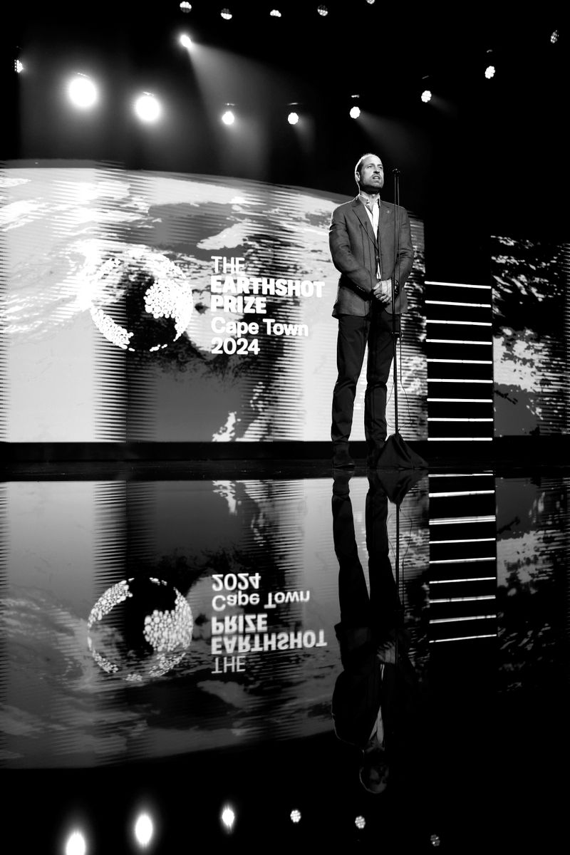 CAPE TOWN, SOUTH AFRICA - NOVEMBER 06:(EXCLUSIVE COVERAGE) (Editors Note: This image has been converted to Black and White.) In this image released on November 07, 2024, President and Founder of the Earthshot Prize, Prince William, Prince of Wales on stage ahead of the 2024 Earthshot Prize Awards Ceremony on November 06, 2024 in Cape Town, South Africa. The Earthshot Prize is awarded to five winners each year for their contributions to environmentalism. It was first awarded in 2021 and is planned to run annually until 2030. Each winner receives a grant of Â£1 million to continue their environmental work. (Photo by Chris Jackson/Getty Images)